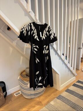 Anthropologie Black Maxi Dress with White Leaf Embroidery NWT